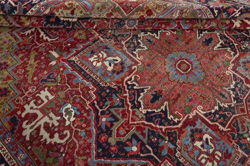 Close-up detail of 1930s Heriz rug from Iran / Persia showing Wool weave