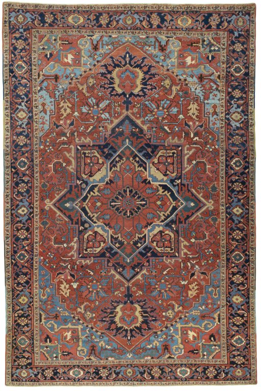 Full view of 1930s Heriz rug from Iran / Persia, 388 × 256 cm in Red tones