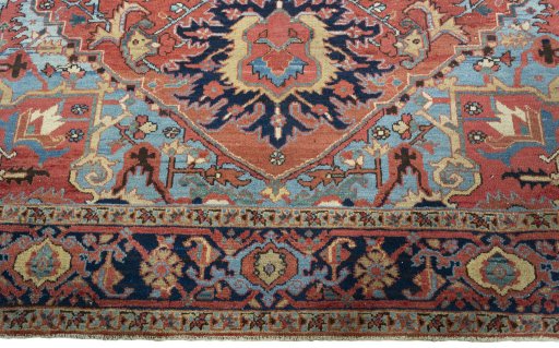 Full view of 1930s Heriz rug from Iran / Persia, 388 × 256 cm in Red tones