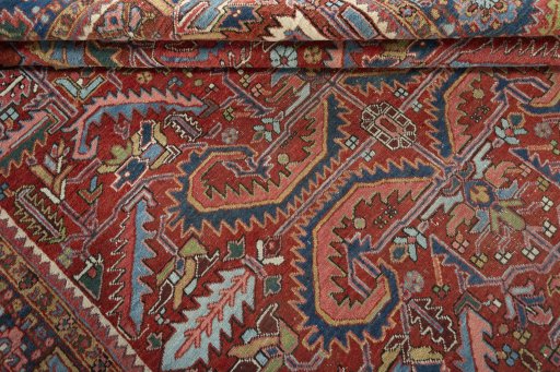 Close-up detail of 1930s Heriz rug from Iran / Persia showing Wool weave