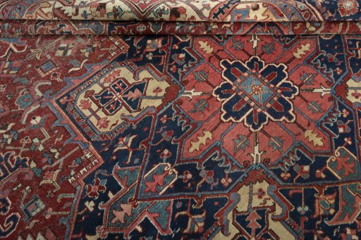 Close-up detail of 1930s Heriz rug from Iran / Persia showing Wool weave