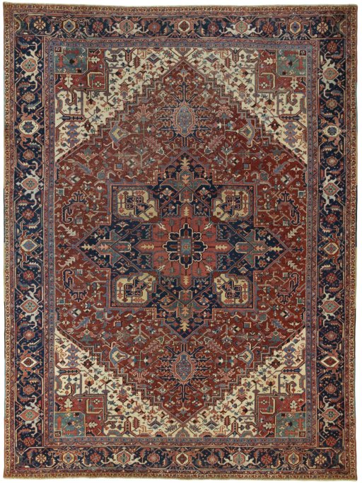 Full view of 1930s Heriz rug from Iran / Persia, 426 × 320 cm in Red tones