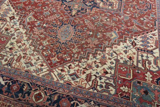 Close-up detail of 1930s Heriz rug from Iran / Persia showing Wool weave