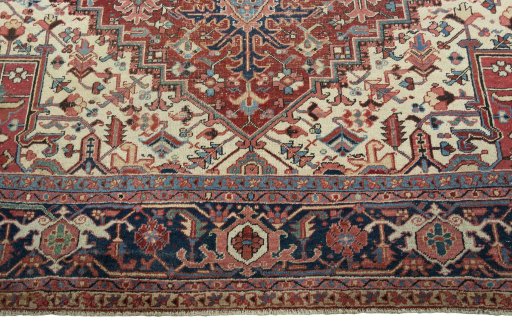 Full view of 1930s Heriz rug from Iran / Persia, 426 × 320 cm in Red tones