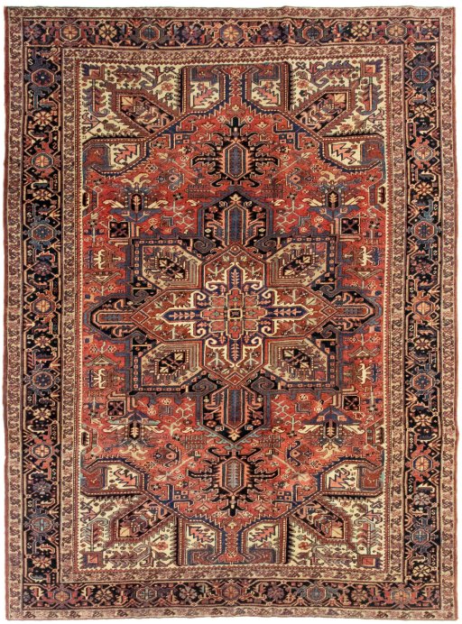 Full view of 1990s Heriz rug from Iran / Persia, 340 × 255 cm in Red tones