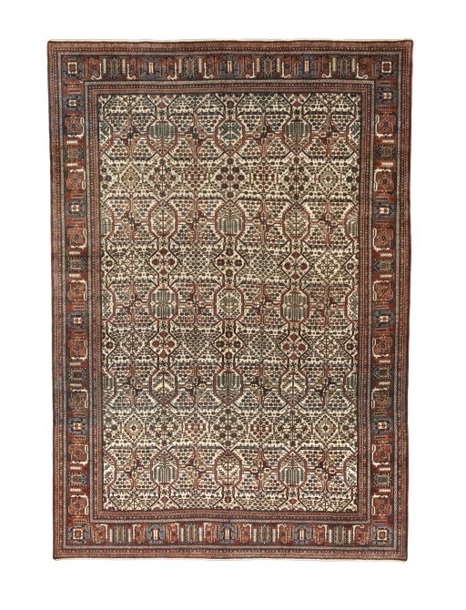 Full view of 1950s Joshagan rug from Iran / Persia, 345 × 240 cm in Beige tones