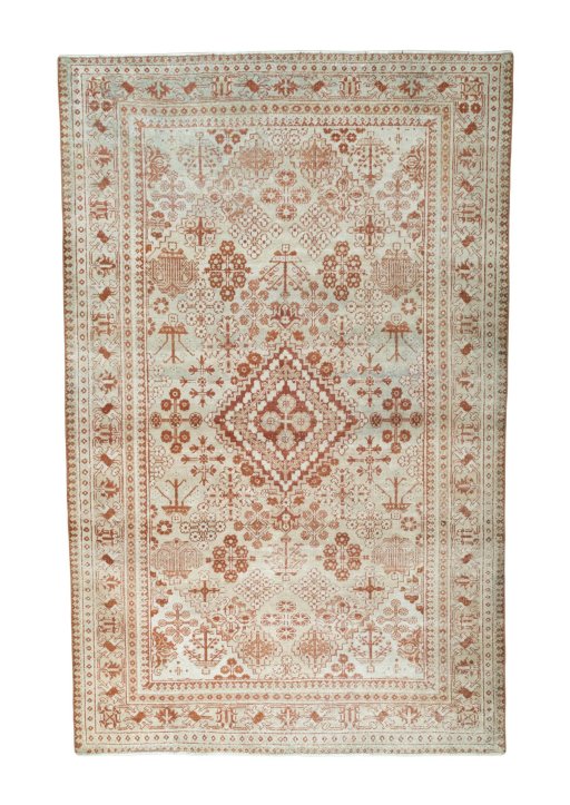 Full view of 1950s Joshagan rug from Iran / Persia, 208 × 131 cm in Beige tones