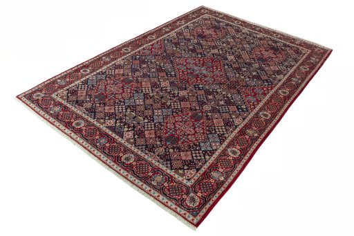 Corner detail of 2000s Joshagan rug showing border pattern and Wool pile