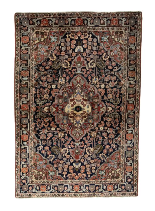 Full view of 1950s Jozan rug from Iran / Persia, 157 × 108 cm in Blue tones