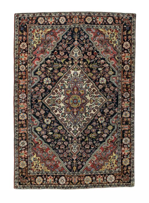 Full view of 1950s Jozan rug from Iran / Persia, 153 × 106 cm in Blue tones