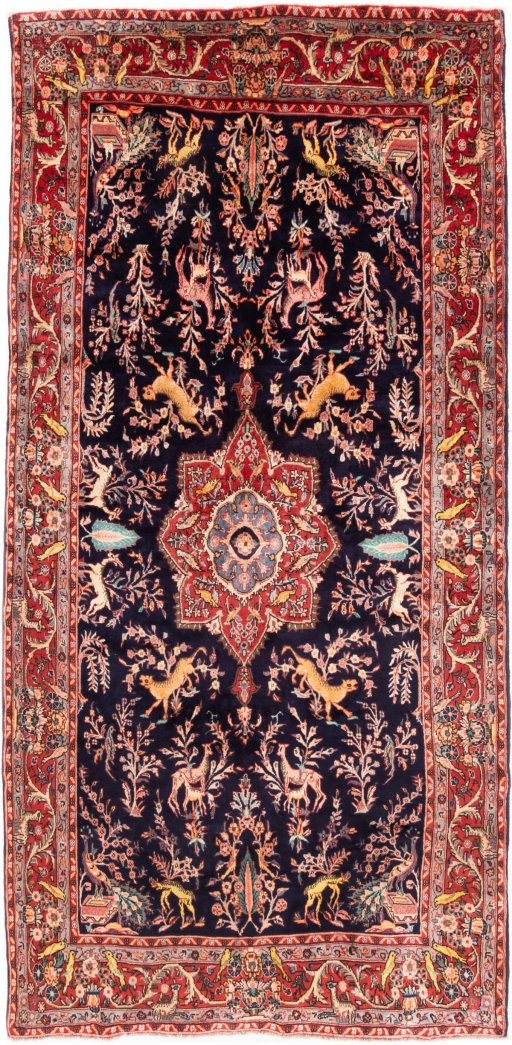 Full view of 1975s Koliai rug from Iran / Persia, 328 × 159 cm in Dark blue tones