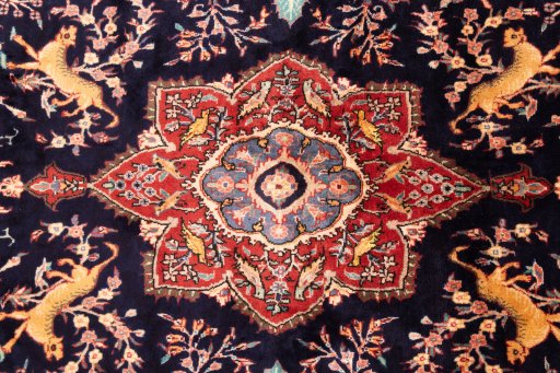 Full view of 1975s Koliai rug from Iran / Persia, 328 × 159 cm in Dark blue tones