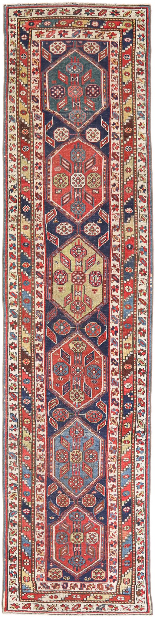 Full view of 1900s Kurdi rug from Iran / Persia, 411 × 96 cm in Dark blue tones