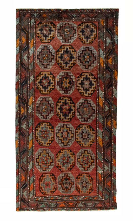 Full view of 2000s Kurdi rug from Iran / Persia, 290 × 147 cm in Red tones