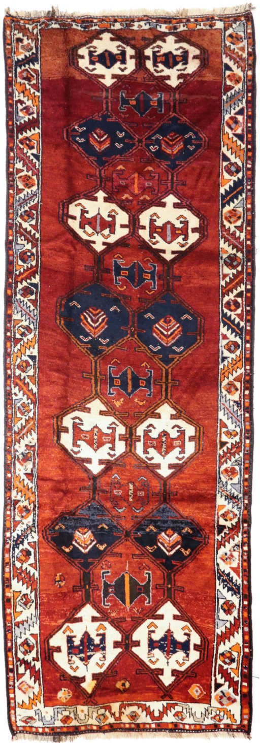 Full view of 1990s Kurdi rug from Iran / Persia, 390 × 133 cm in Red tones