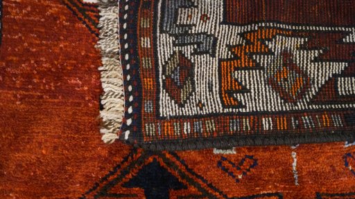 Full view of 1990s Kurdi rug from Iran / Persia, 390 × 133 cm in Red tones