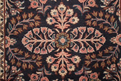 Full view of 1950s Lilian rug from Iran / Persia, 410 × 100 cm in Dark blue tones