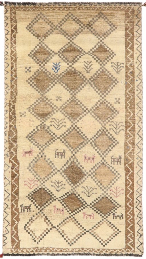 Full view of 1940s Lori rug from Iran / Persia, 222 × 123 cm in Cream tones