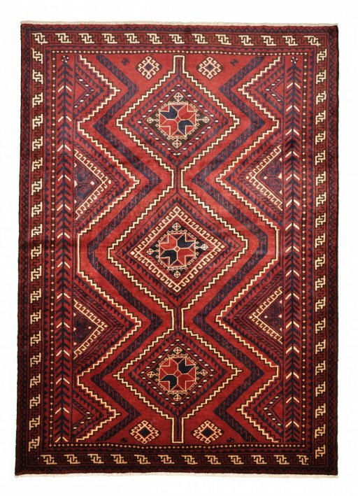 Full view of 2000s Lori rug from Iran / Persia, 296 × 213 cm in Red tones