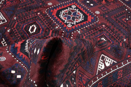 Full view of 2000s Lori rug from Iran / Persia, 297 × 225 cm in Red tones
