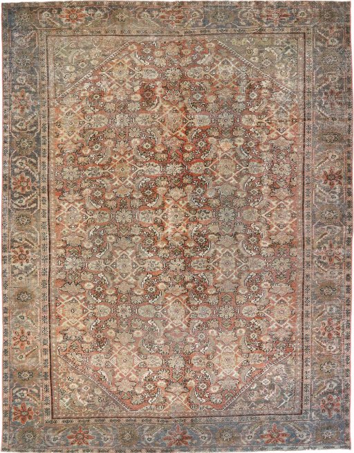 Full view of 1900s Mahal rug from Iran / Persia, 330 × 256 cm in Red tones