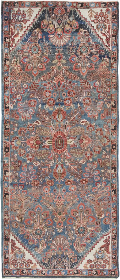 Full view of 1920s Malayer rug from Iran / Persia, 255 × 110 cm in Blue tones