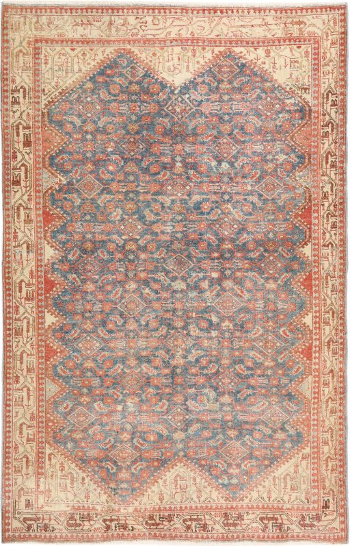 Full view of 1920s Malayer rug from Iran / Persia, 201 × 128 cm in Blue tones