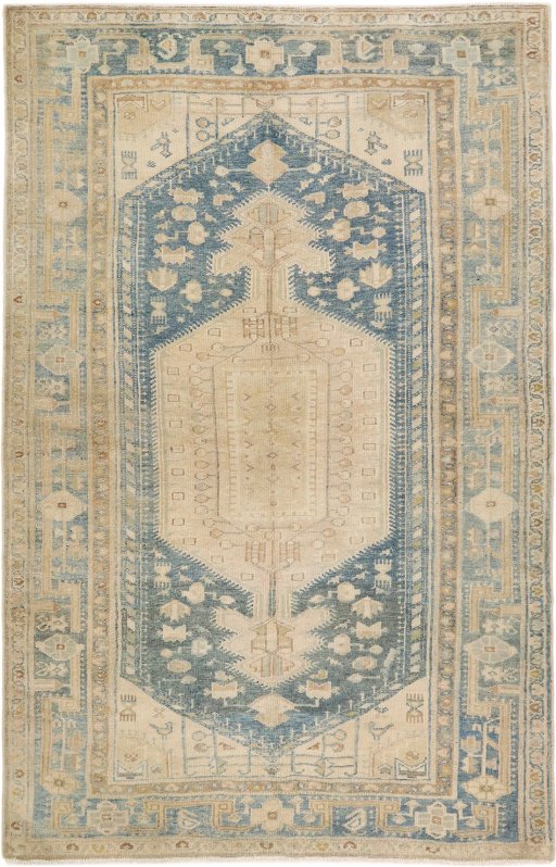 Full view of 1920s Malayer rug from Iran / Persia, 231 × 147 cm in Blue tones