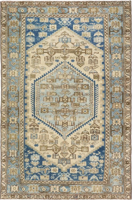 Full view of 1920s Malayer rug from Iran / Persia, 198 × 127 cm in Cream tones
