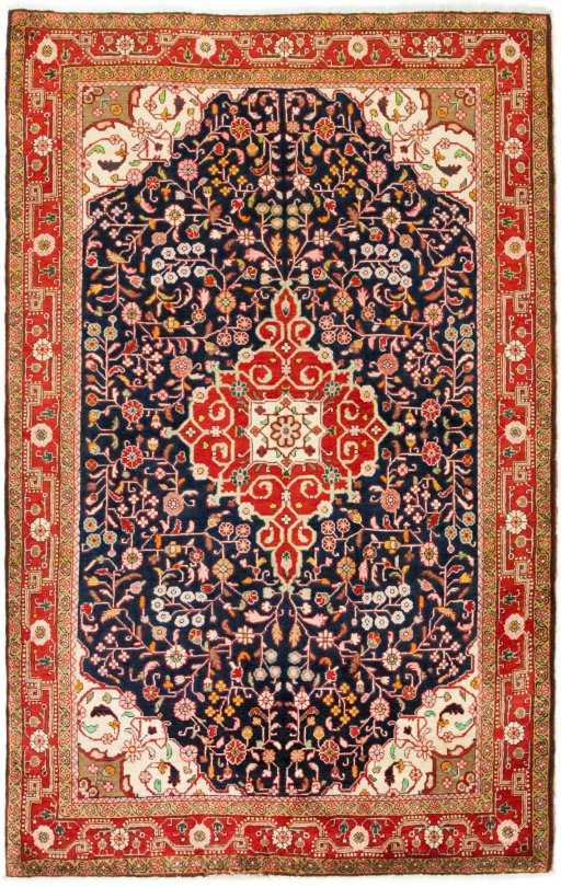 Full view of 1950s Malayer rug from Iran / Persia, 207 × 134 cm in Dark blue tones