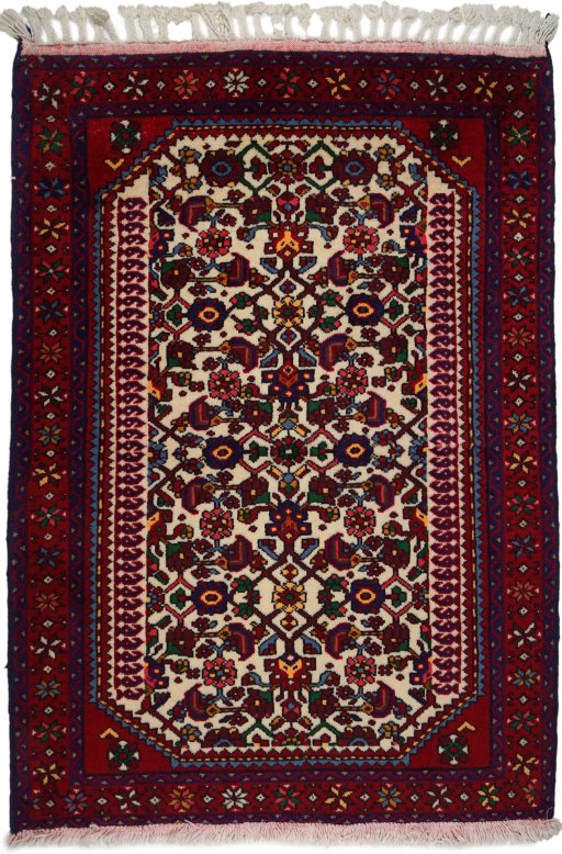 Full view of 1970s Malayer rug from Iran / Persia, 123 × 89 cm in Cream tones