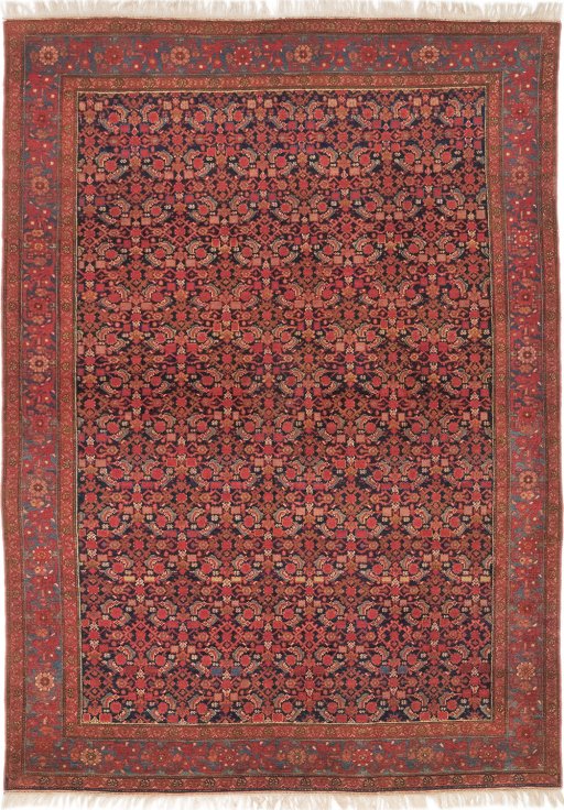 Full view of 1900s Malayer rug from Iran / Persia, 190 × 144 cm in Dark blue tones