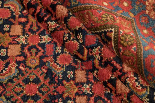 Full view of 1900s Malayer rug from Iran / Persia, 190 × 144 cm in Dark blue tones