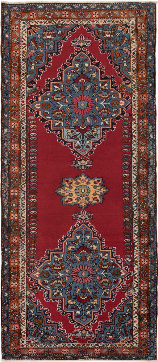 Full view of 1980s Malayer rug from Iran / Persia, 190 × 83 cm in Red tones