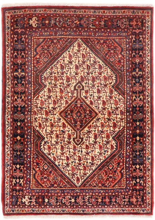 Full view of 1940s Malayer rug from Iran / Persia, 150 × 107 cm in Cream tones