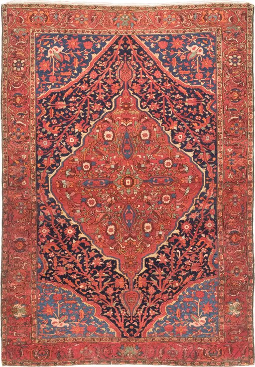 Full view of 1900s Malayer rug from Iran / Persia, 205 × 145 cm in Blue tones