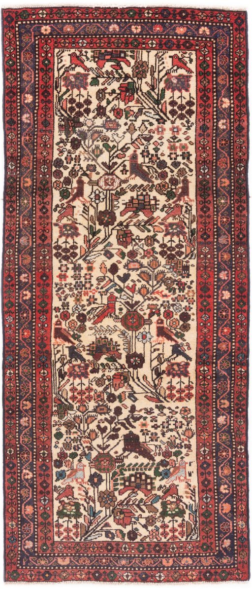Full view of 1974s Malayer rug from Iran / Persia, 190 × 80 cm in Cream tones