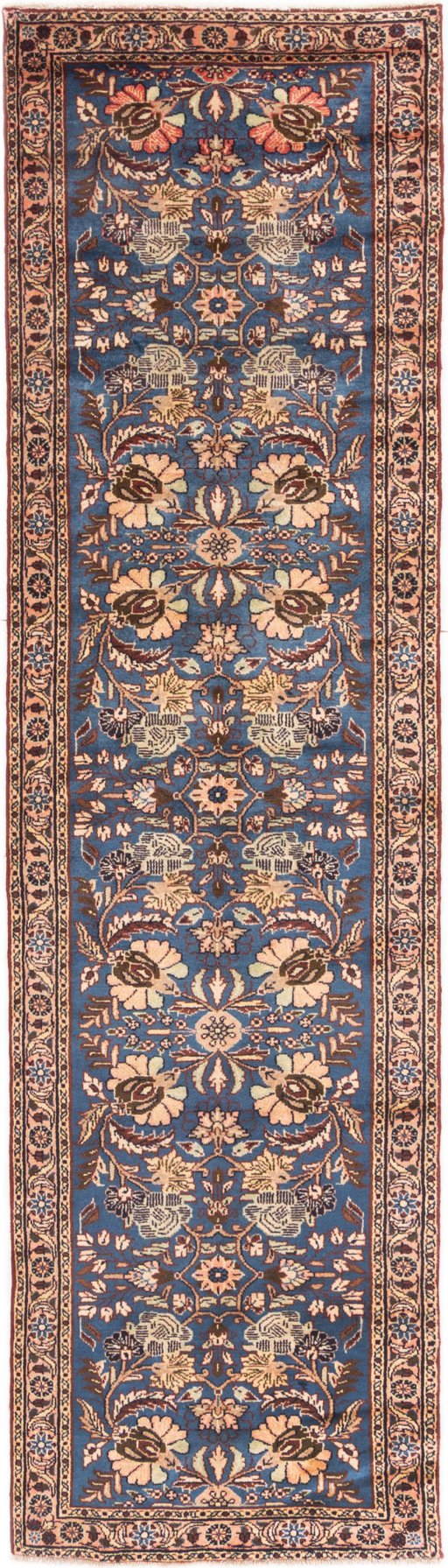 Full view of 1981s Malayer rug from Iran / Persia, 295 × 82 cm in Dark blue tones