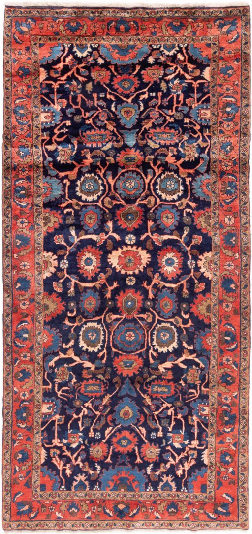 Full view of 1979s Malayer rug from Iran / Persia, 318 × 150 cm in Dark blue tones