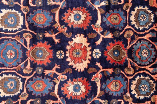 Full view of 1979s Malayer rug from Iran / Persia, 318 × 150 cm in Dark blue tones