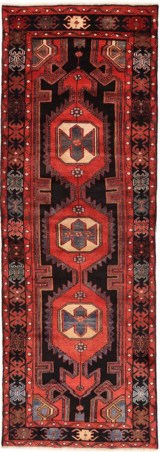 Full view of 1980s Malayer rug from Iran / Persia, 285 × 97 cm in Dark blue tones