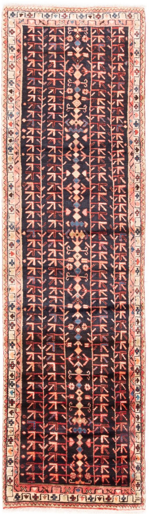 Full view of 1974s Malayer rug from Iran / Persia, 295 × 83 cm in Dark blue tones