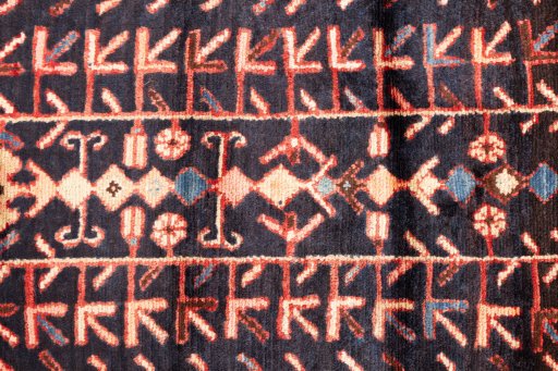 Full view of 1974s Malayer rug from Iran / Persia, 295 × 83 cm in Dark blue tones