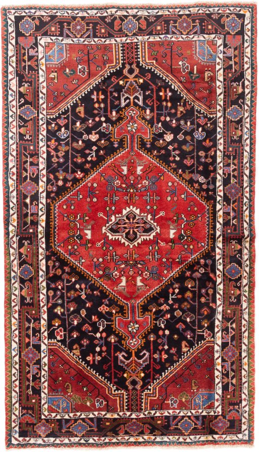 Full view of 1975s Malayer rug from Iran / Persia, 232 × 133 cm in Red tones
