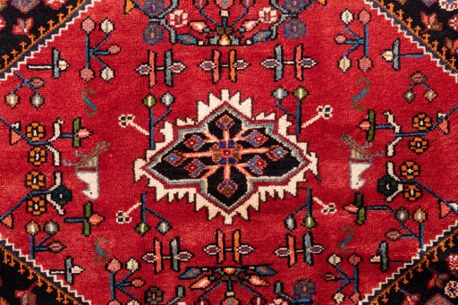 Full view of 1975s Malayer rug from Iran / Persia, 232 × 133 cm in Red tones