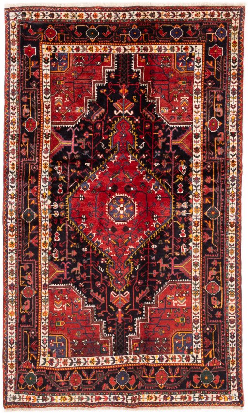 Full view of 1982s Malayer rug from Iran / Persia, 241 × 145 cm in Multi Color tones