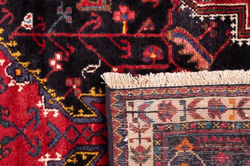 Full view of 1982s Malayer rug from Iran / Persia, 241 × 145 cm in Multi Color tones