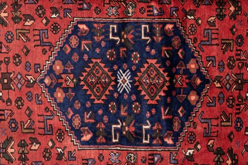 Full view of 1975s Malayer rug from Iran / Persia, 227 × 130 cm in Terracotta tones