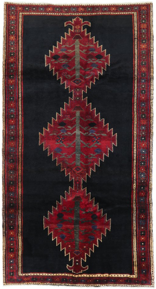 Full view of 1990s Malayer rug from Iran / Persia, 290 × 150 cm in Black tones
