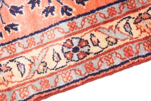 Backside of handmade 1949s Mehraban rug showing knot structure and weave density